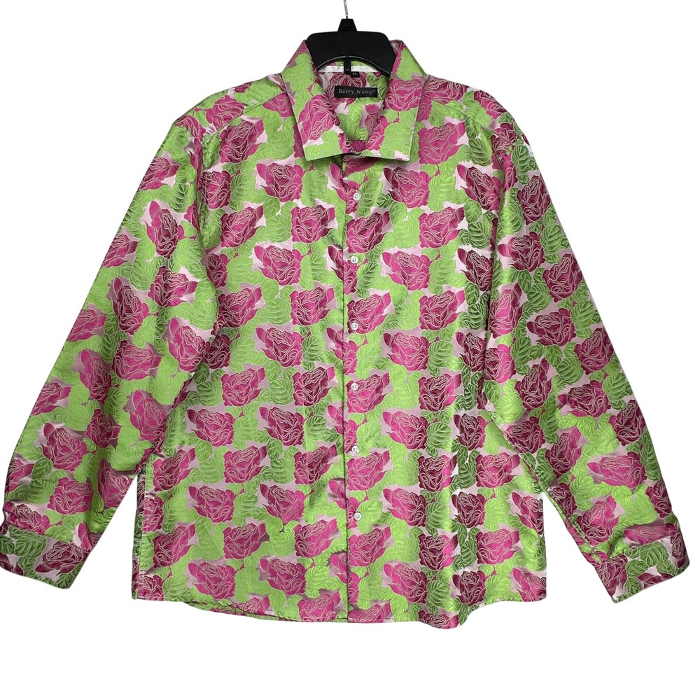 Barry Wang Shirt Men's XL‎ Silk Blend Jacquard Floral Flower Print Long Sleeve